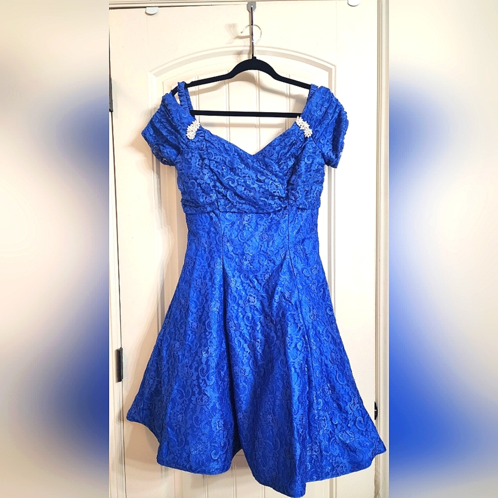 80's royal blue, tea length prom/party dress! EUC!!